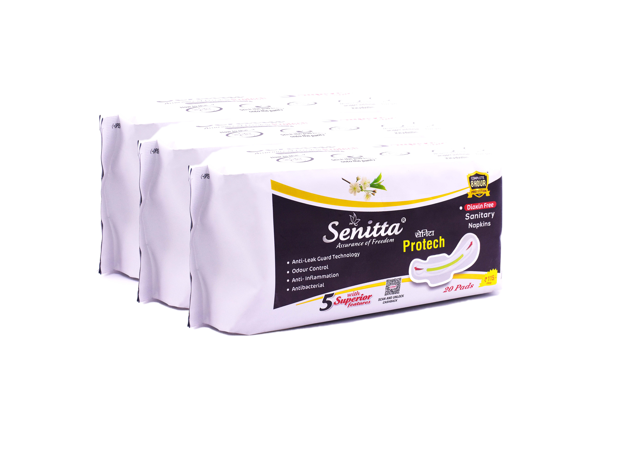 Sanitary Napkins (Pack of 20X3 Packets - 280 mm Senitta Protech)